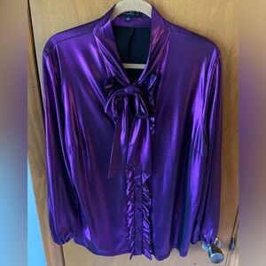 Eloquii purple lame’ ruffle front blouse sz 14/14W